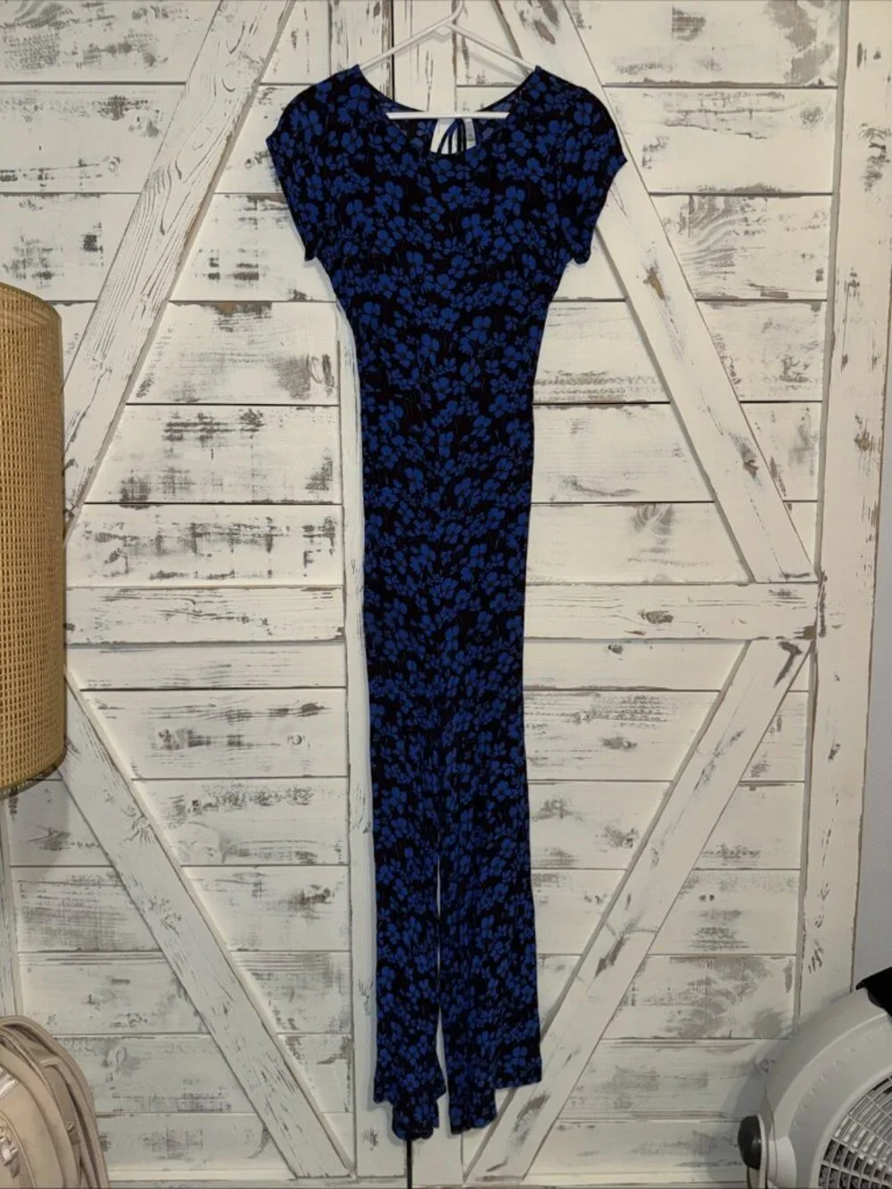 Free People Hailee Jumpsuit Blue Brown Floral Open Back Wide Leg S